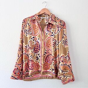 Zara Tan Orange Satin Paisley Button Down Top Sz S